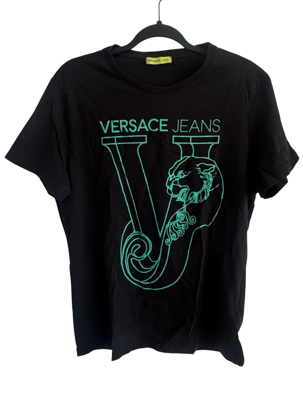 Versace Black T-Shirt with Aqua Graphic V and Tiger